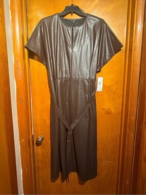 Brown Faux Leather Midi Dress with Tie Waist